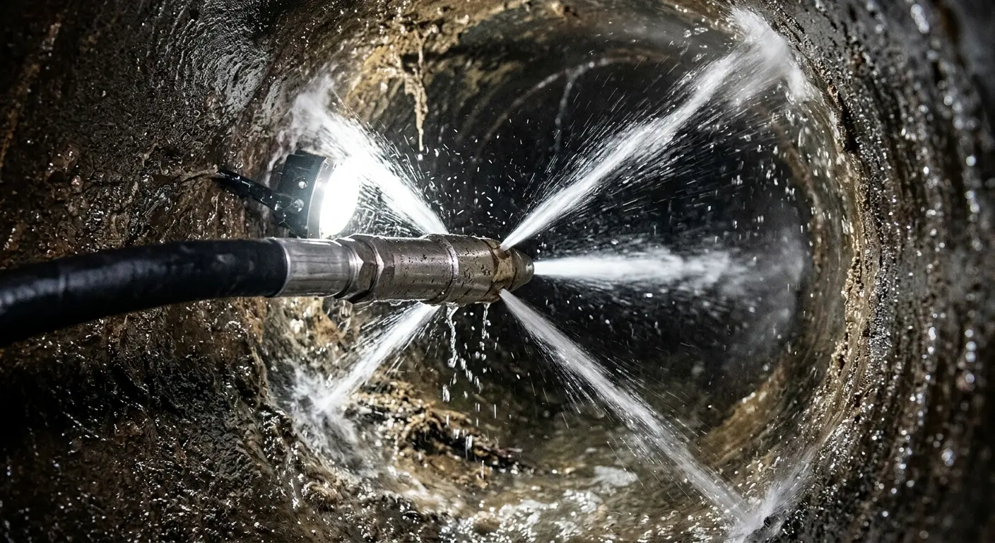 High-pressure hydro jetting nozzle cleaning sewer pipe for Sewer Line Relining in Chapel Hill