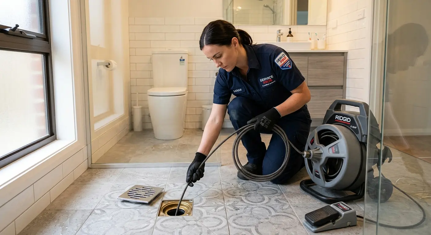 Technician clearing a bathroom floor drain for Drain Repair in Chapel Hill